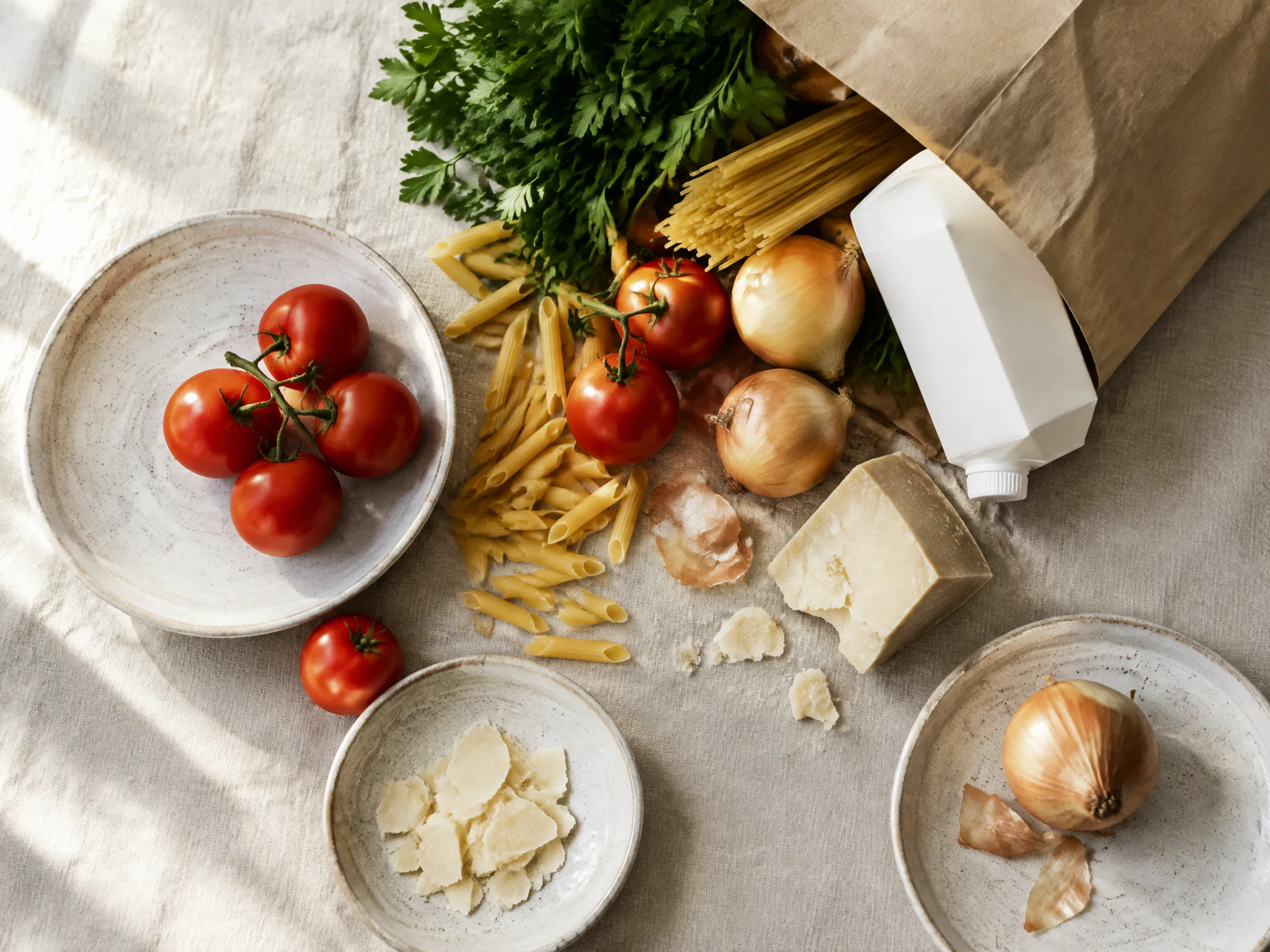 En papperskasse med pasta, tomater, lök och ost på en linneduk
