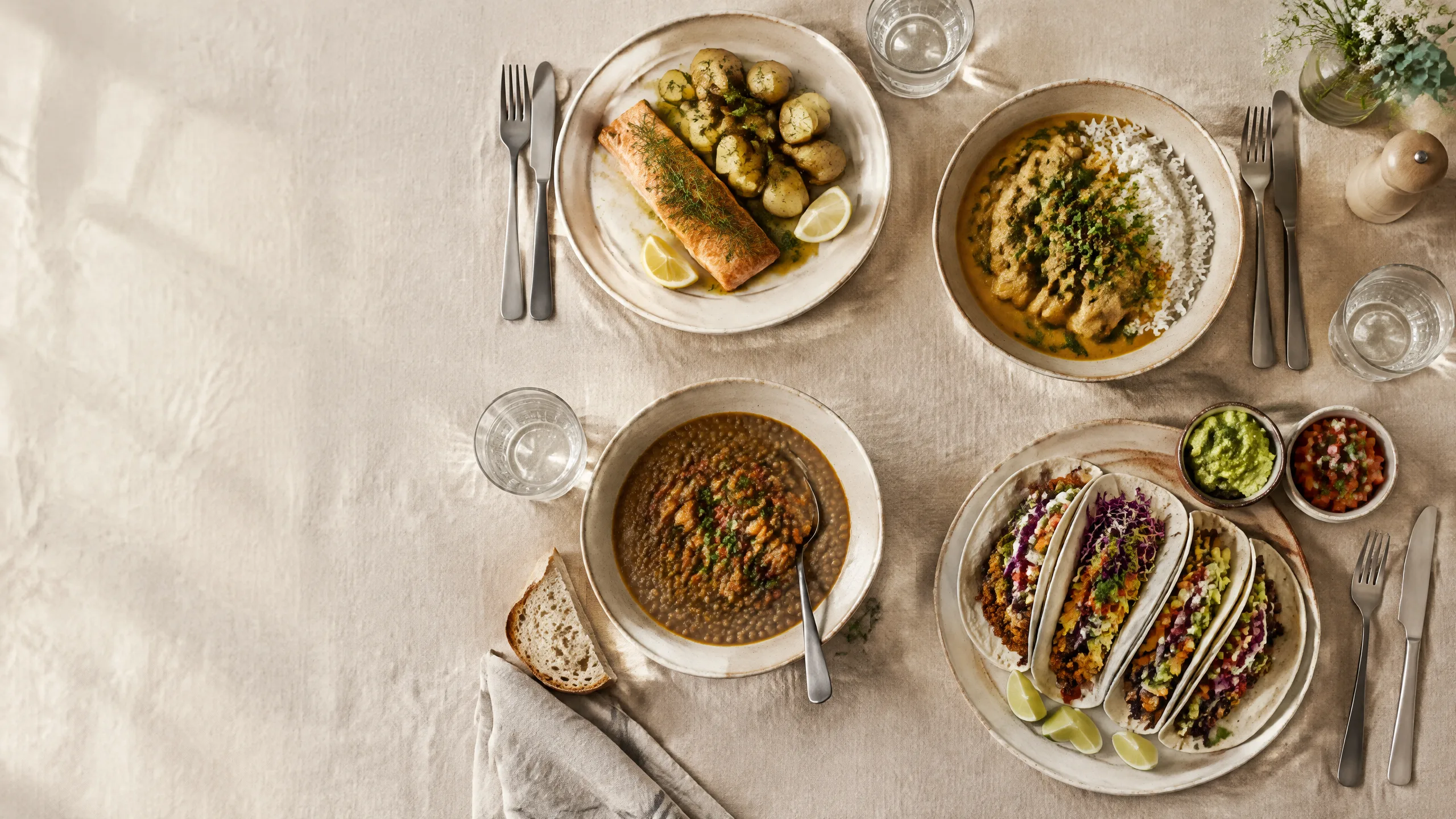 Ett dukat bord sett ovanifrån med lax och potatis, linsgryta, gryta med ris och tacos på en havrefärgad linneduk